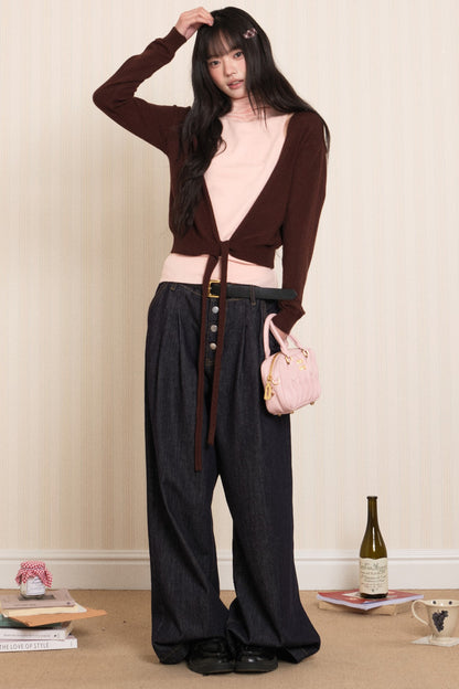 Layered High-Neck Vest and Tie-Up Cardigan Set-Up