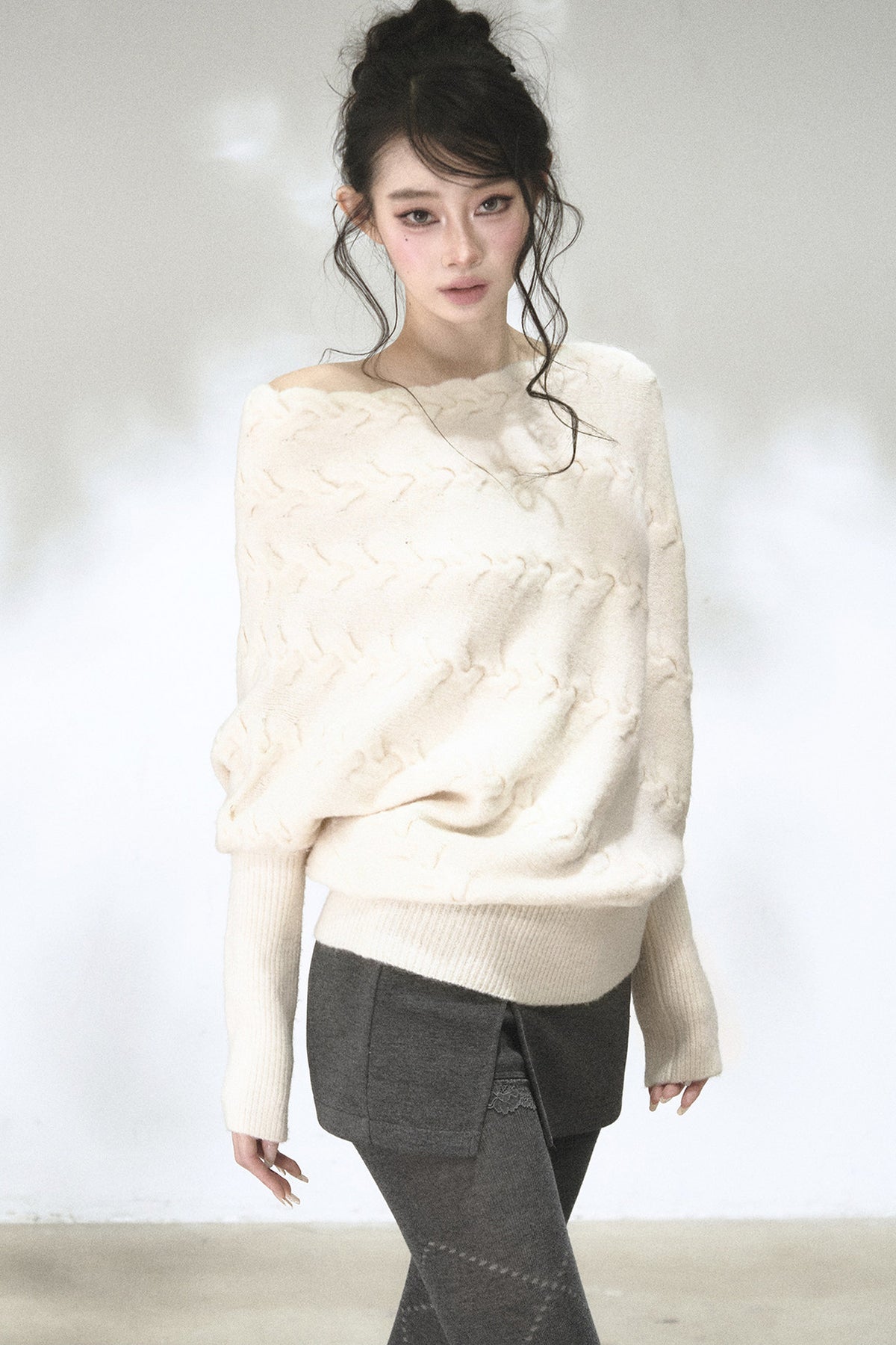 Diagonal Cable Knit Off-Shoulder Sweater