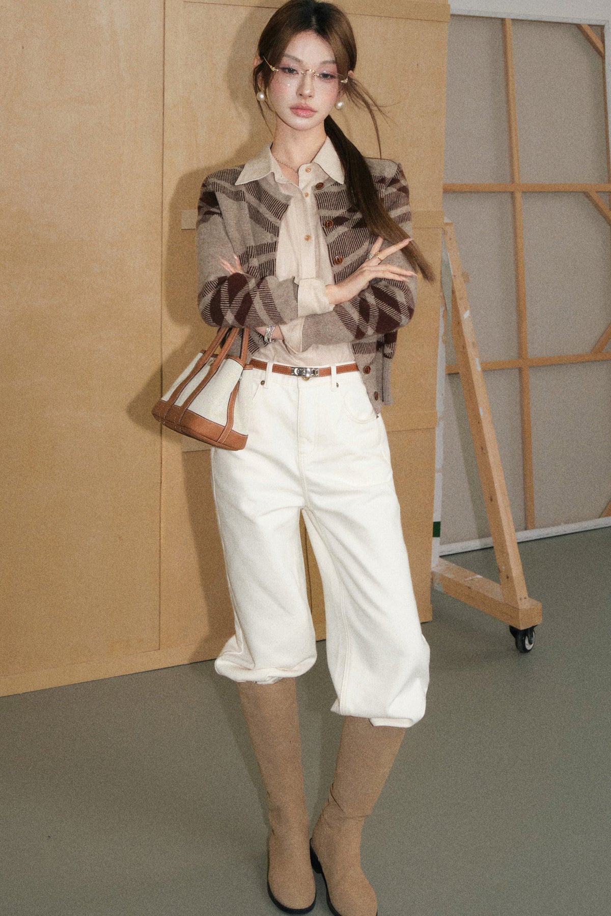 Coffee Plaid Wool Cardigan, Shirt and Pants Set-Up