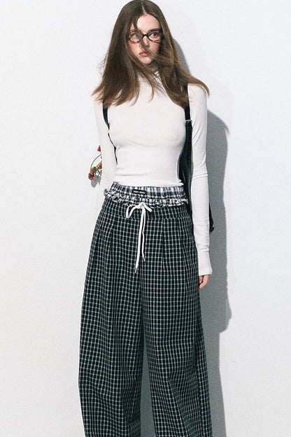 Drawstring Plaid Wide-Leg Pants
