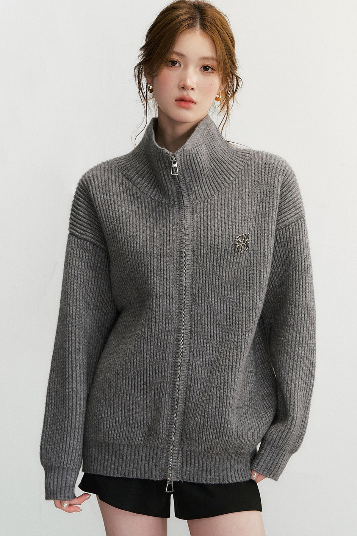 Grey Textured Zipper Knit Jacket