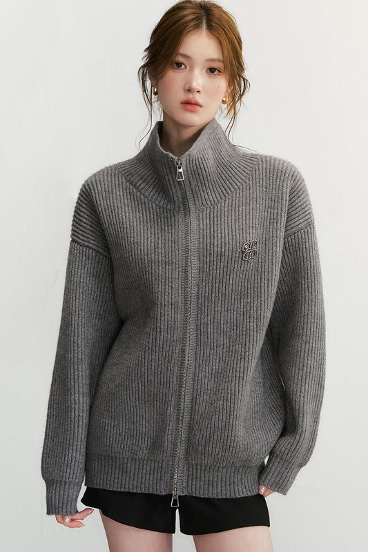 Grey Textured Zipper Knit Jacket