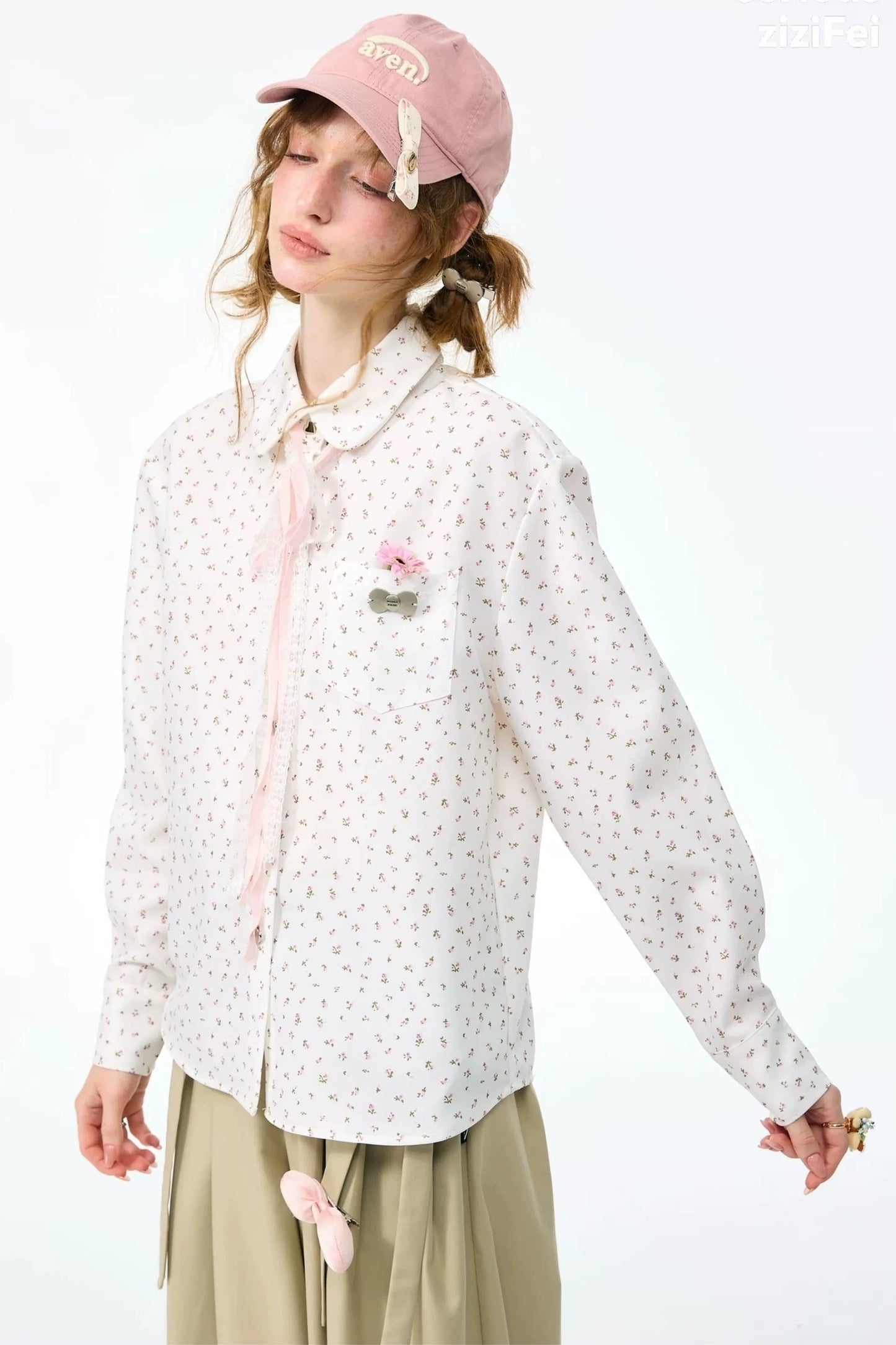 White Floral Lace-Up Doll Collar Blouse