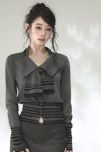 Bow Tie Striped Knit Cardigan