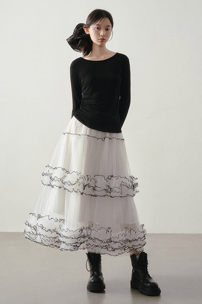 White Puffy Black Ruffle Stitching Skirt