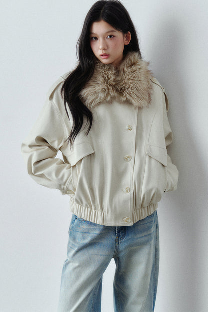 Fur Collar Button-Up Short Jacket