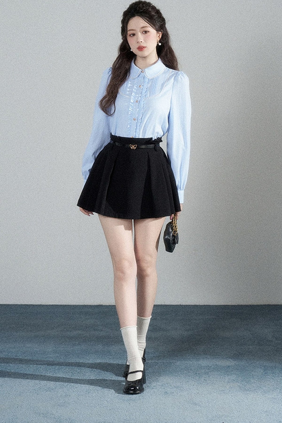 Blue Plaid Long-Sleeved Blouse and Skirt Set-Up