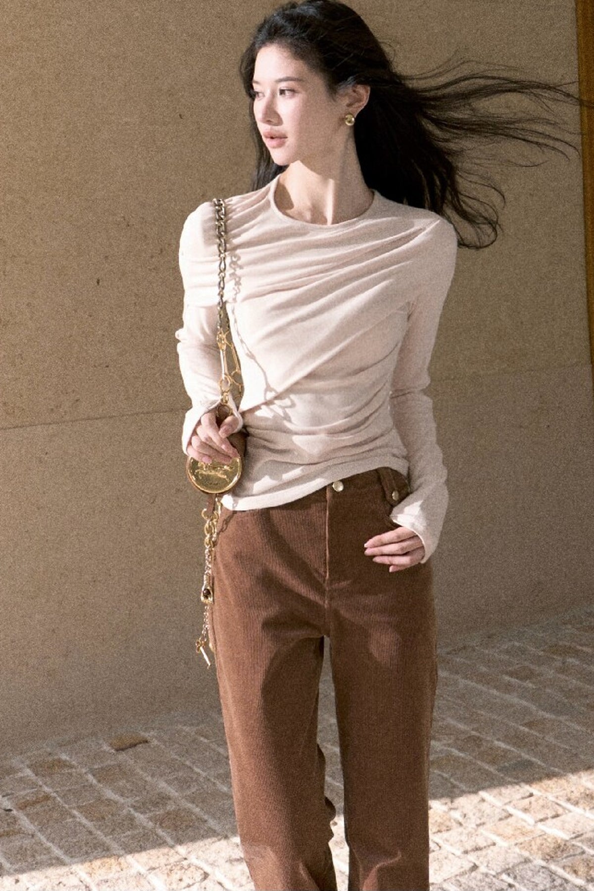 High-Waisted Corduroy Flared Belt Loops Pants