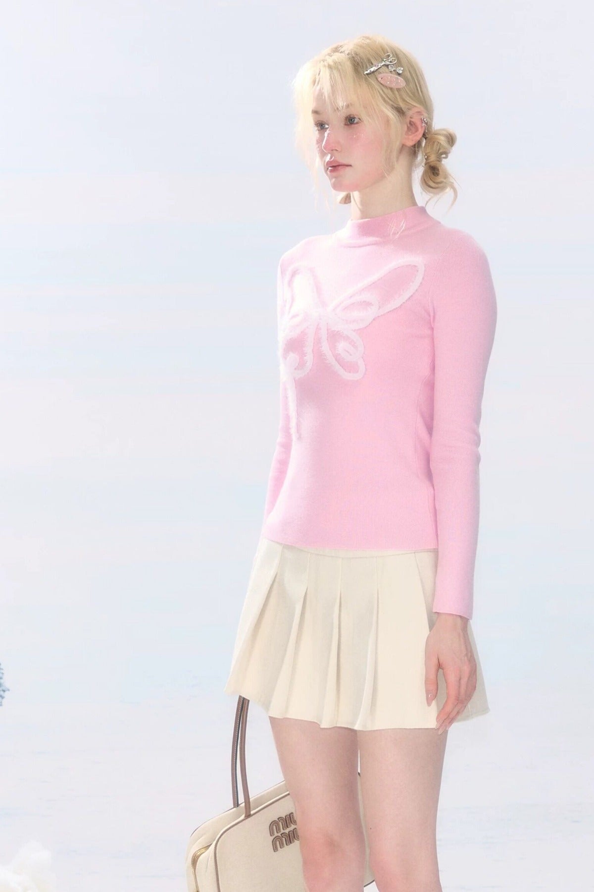 High-Waisted Apricot Pleated Woolen Skirt