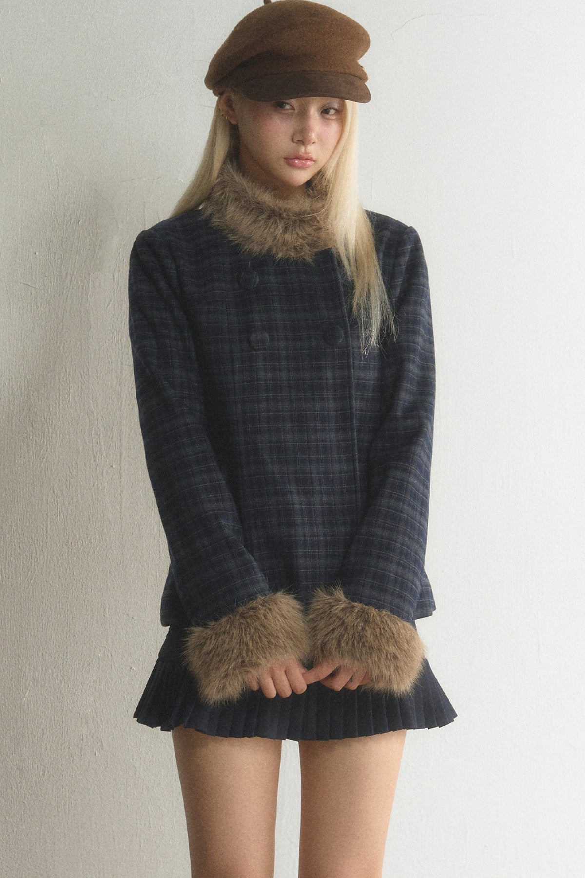 Plaid Woolen Jacket and Skirt Set-Up