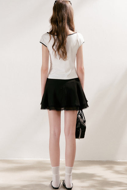 Lace-Up Bow Hollow Out Short Sleeve T-Shirt and Skirt Set