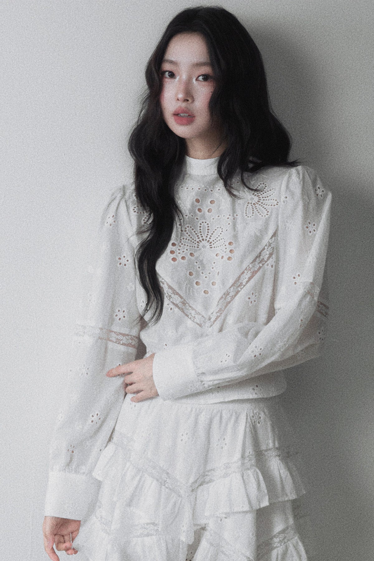 Long-Sleeved Hollow Embroidered Top and Asymmetrical Skirt Set-Up
