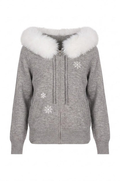 Embroidered Hooded Fur Collar Cardigan Jacket Set-Up
