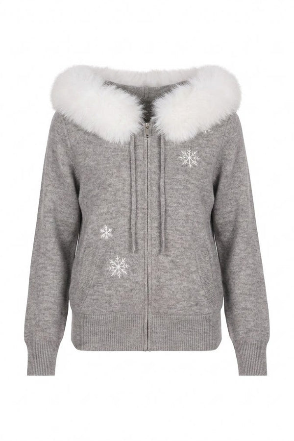 Embroidered Hooded Fur Collar Cardigan Jacket Set-Up