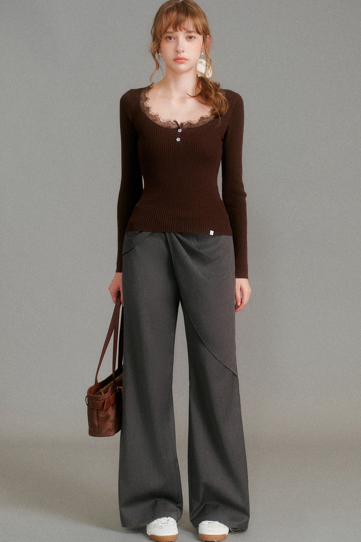 Asymmetrical Cut Bow Wide Leg Pants