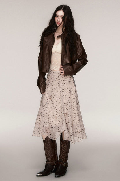 Brown Stand-Up Collar PU Leather Jacket