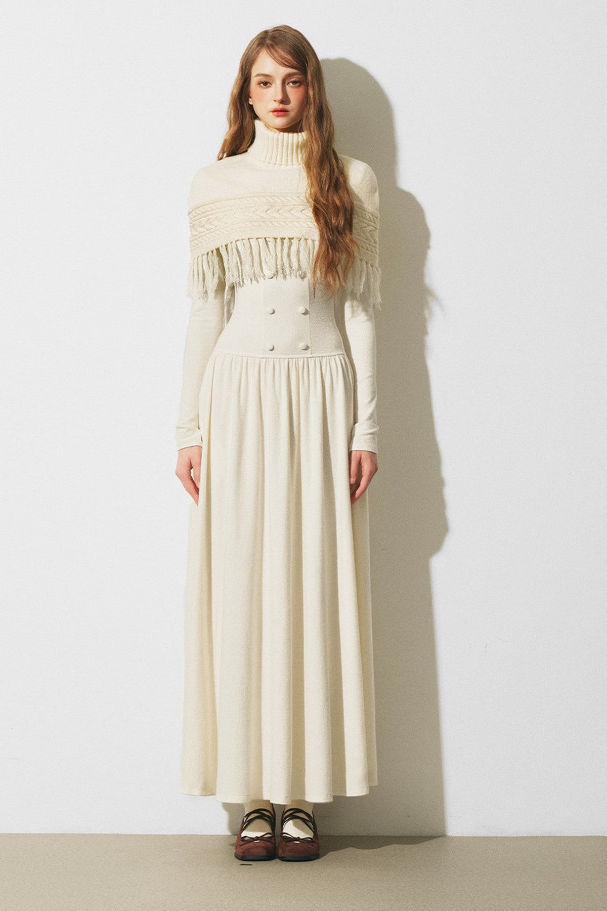 Knitted Sweater Cape and Double-Breasted Dress Set-Up