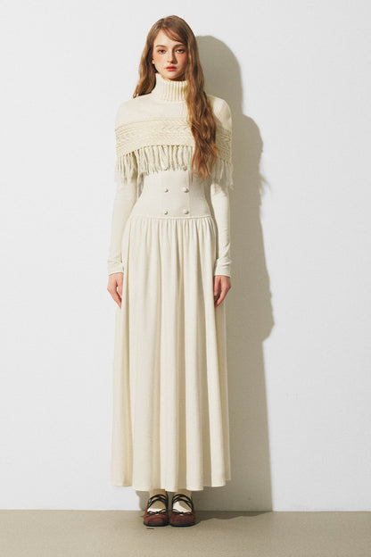 Knitted Sweater Cape and Double-Breasted Dress Set-Up