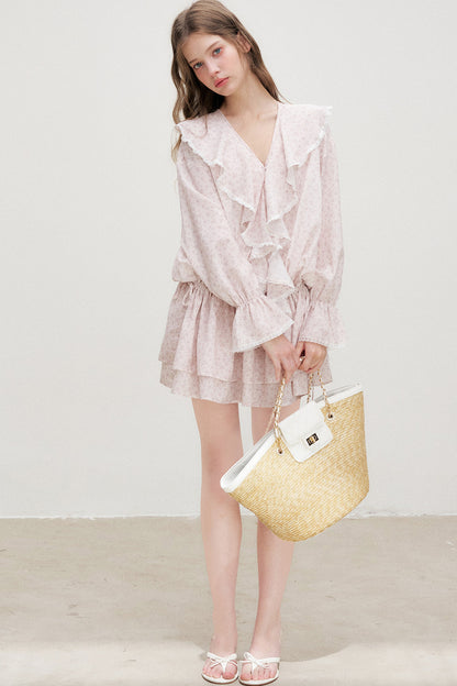 Floral Ruffle V-Neck Long-Sleeve Dress