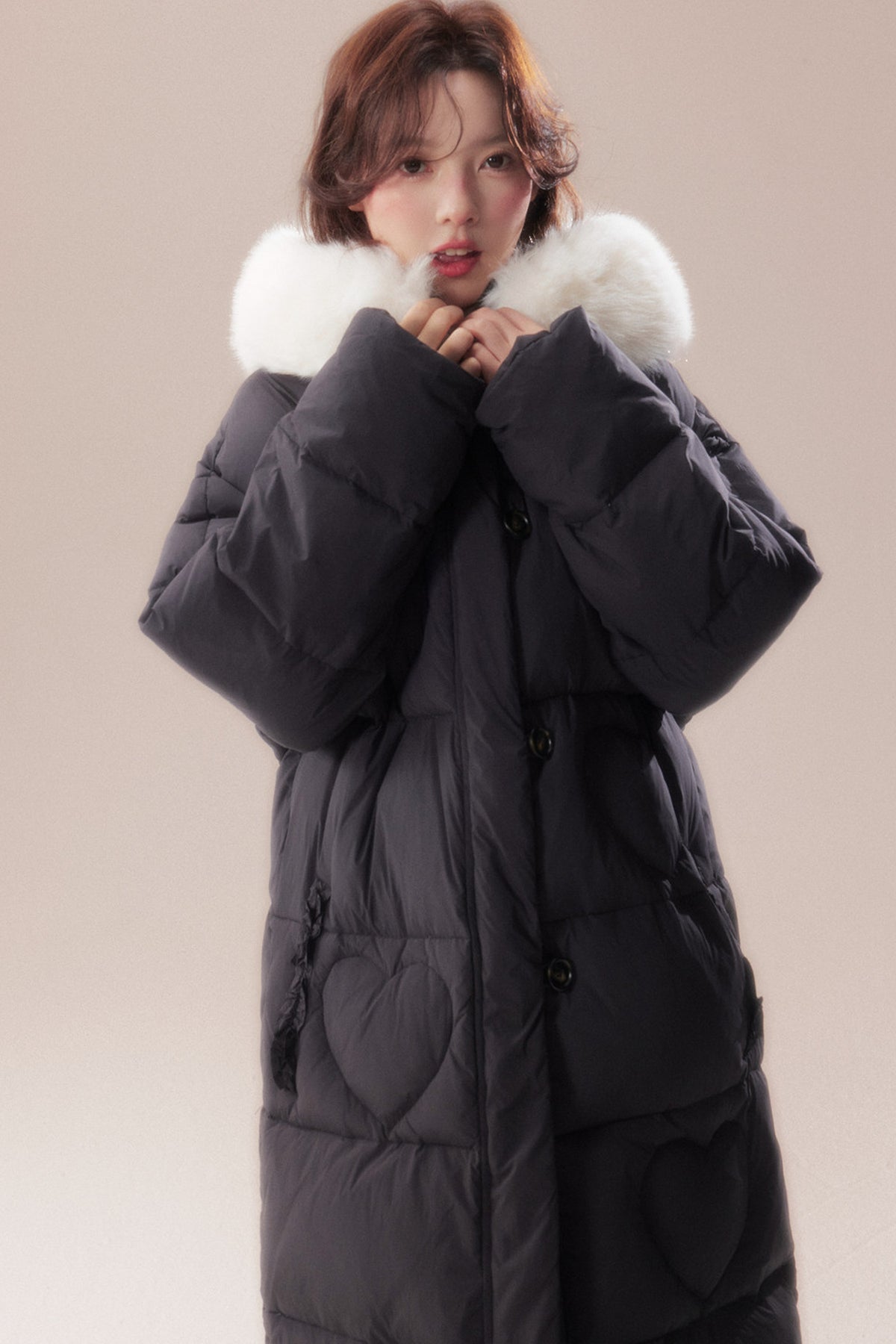 Long Heart Quilted Fur Collar Down Coat