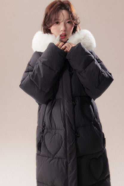Long Heart Quilted Fur Collar Down Coat