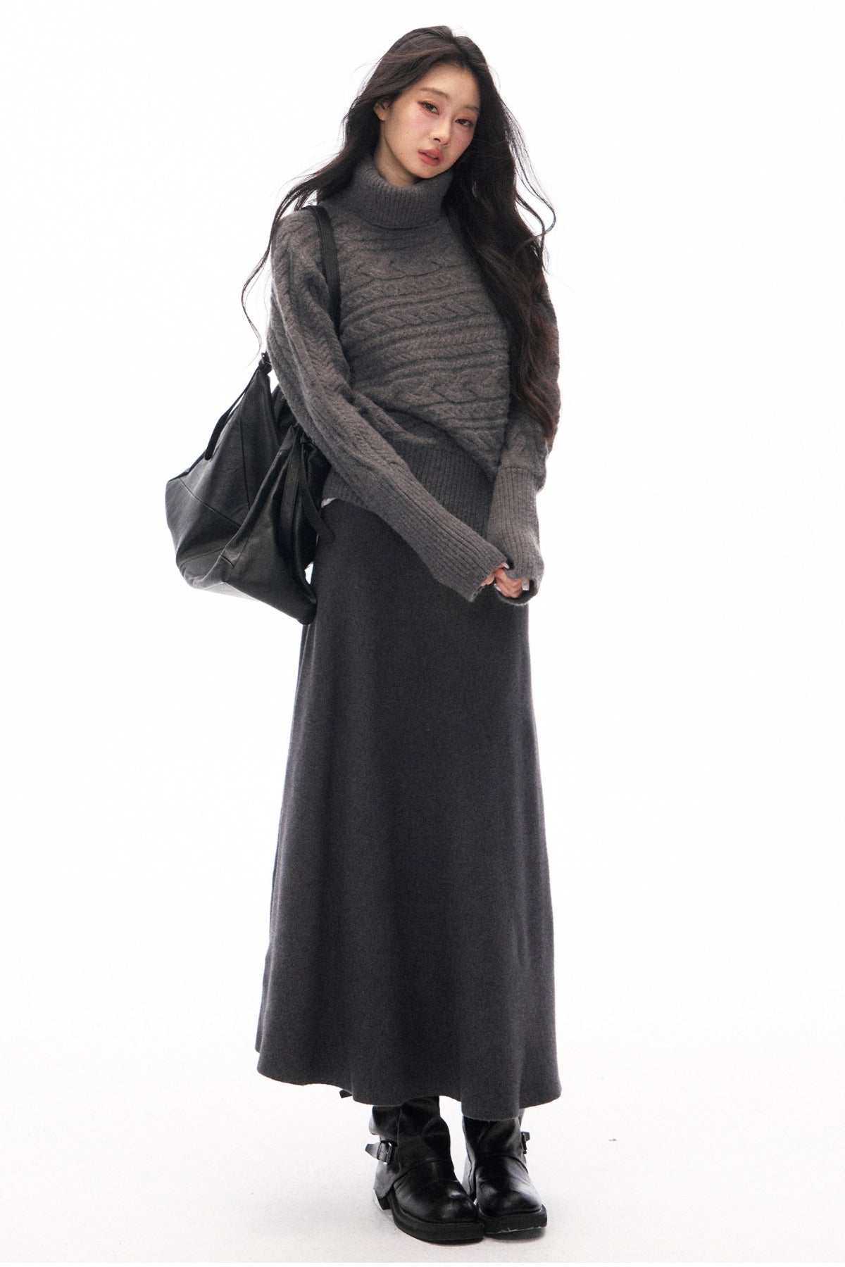 Turtleneck Knit Sweater and Long Skirt Set-Up