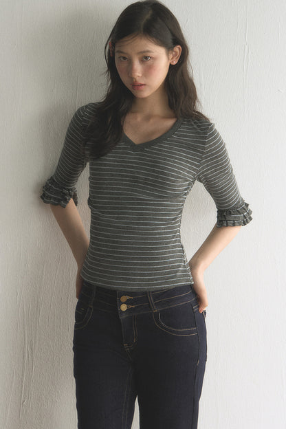 Striped Ruffled Patchwork Mid-Sleeve Top and Pants Set-Up
