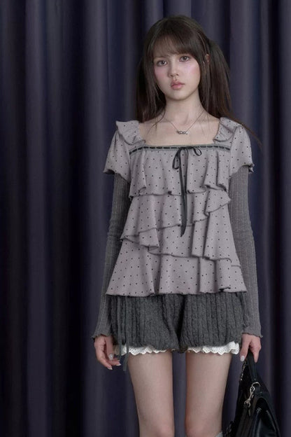 Long-Sleeved Gray-Purple Cake-Style Knit Top