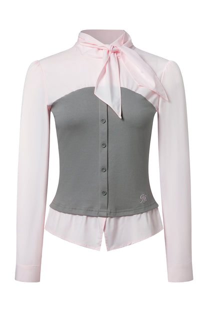 Bow Tie Spliced Shirt and Pleated Mini Skirt Set-Up