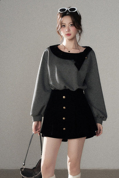 Gray Pullover Sweatshirt and Black Skirt Set-Up