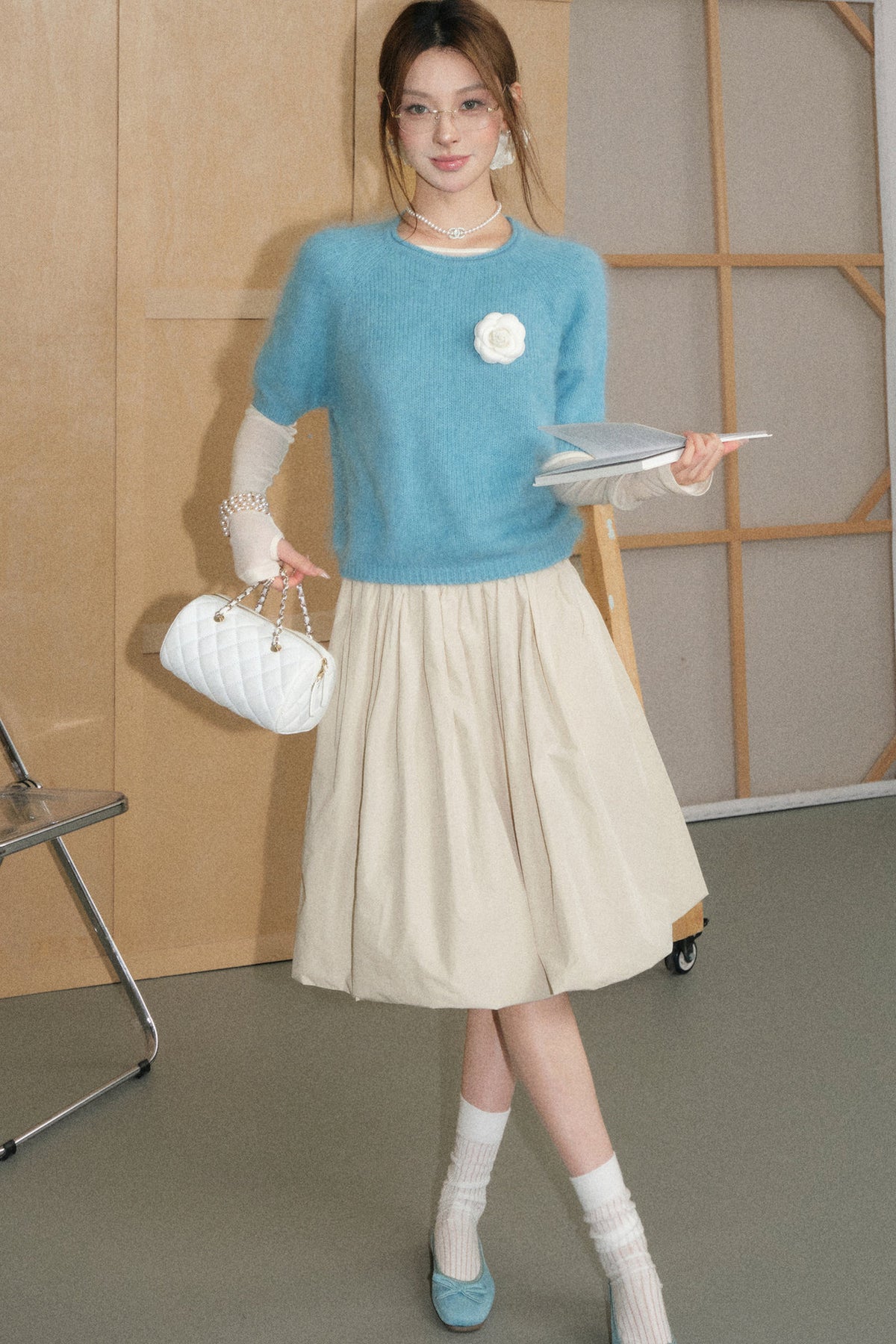 Mid-Sleeve Brushed Wool Pullover Top and A-Line Skirt Set-Up