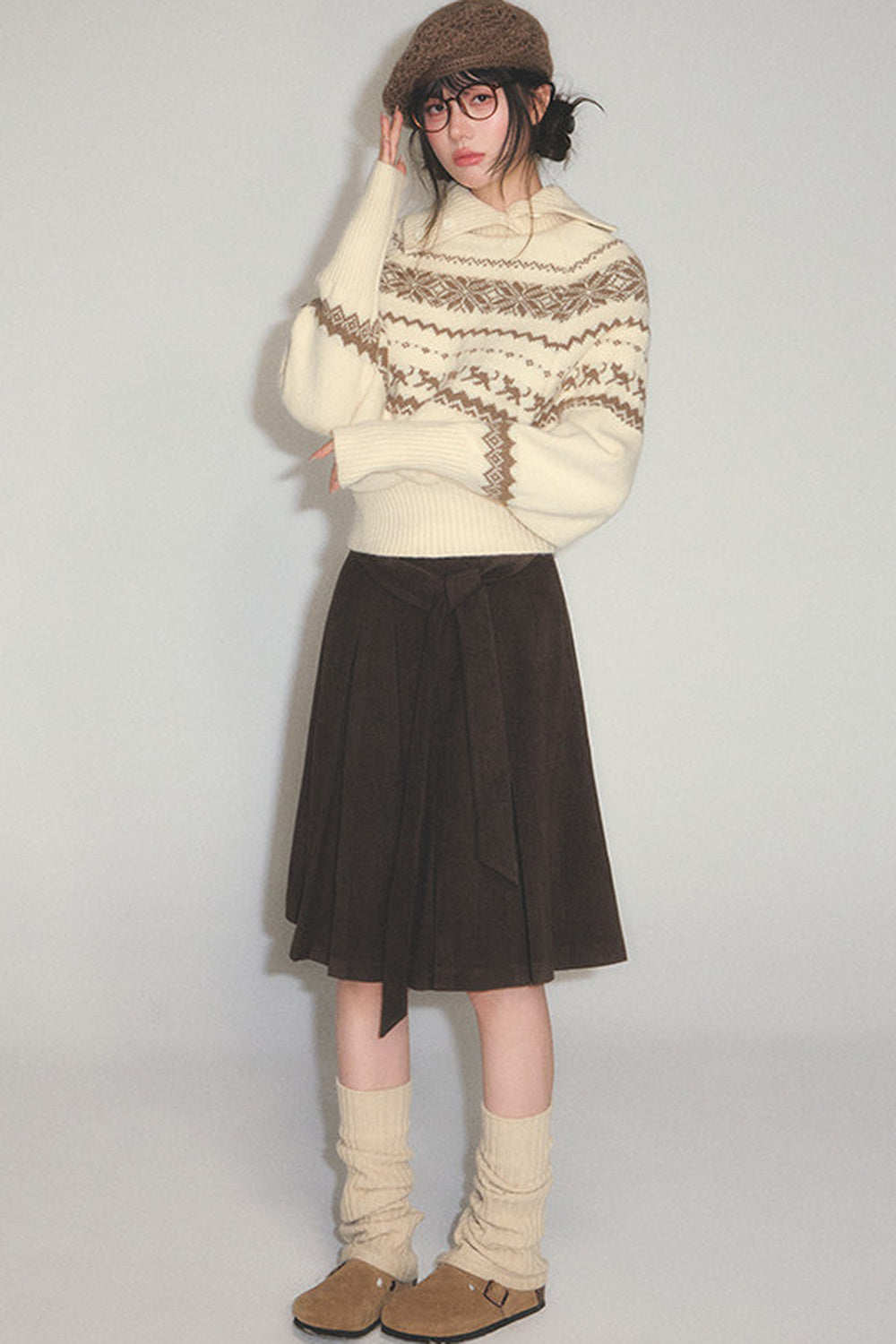 Fair Isle Cable-Knit Stand-Up Collar Sweater