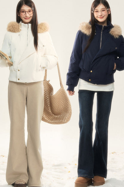 Hooded Fur Collar Down Jacket and Pants Set-Up