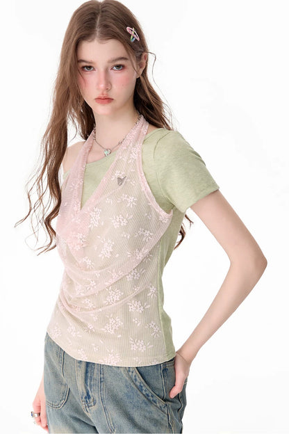 Maglia sovrapposta all'americana in pizzo floreale a maniche corte