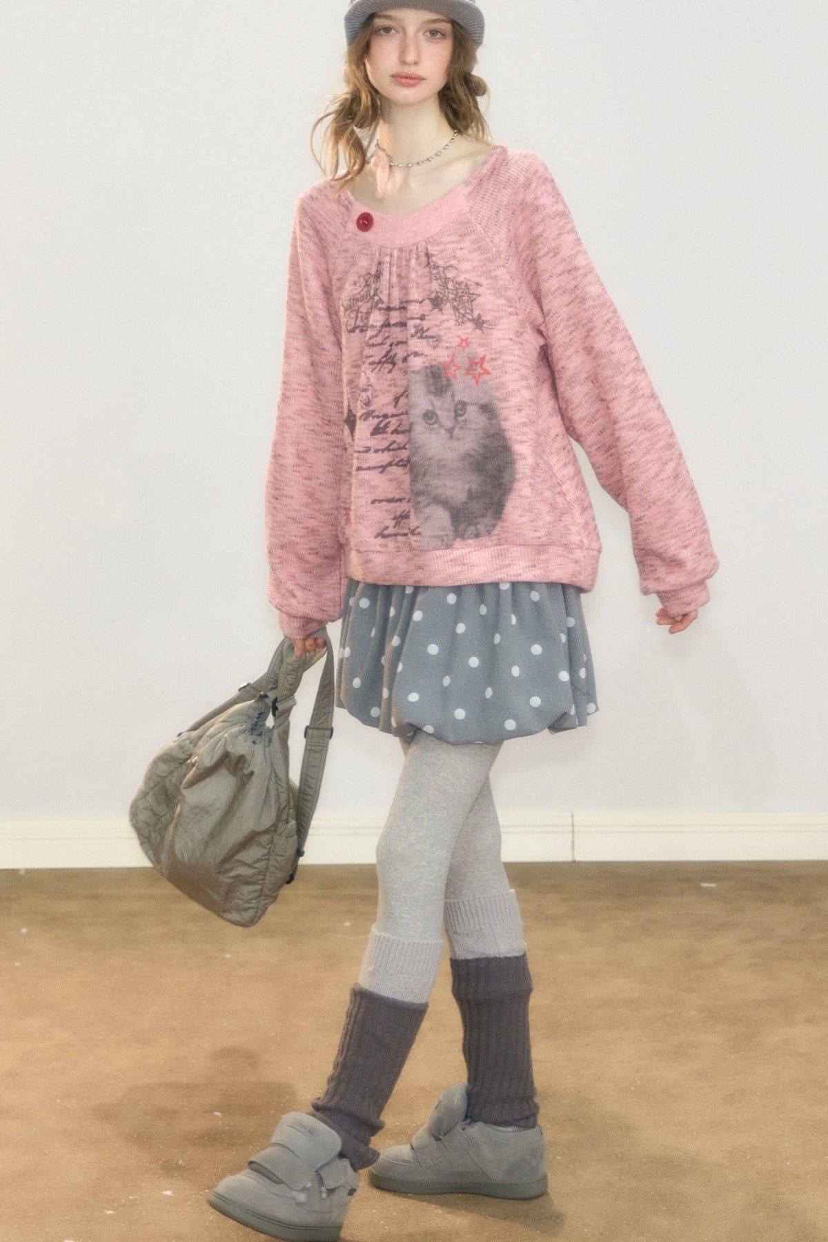 Gray Polka Dot Wool Skirt