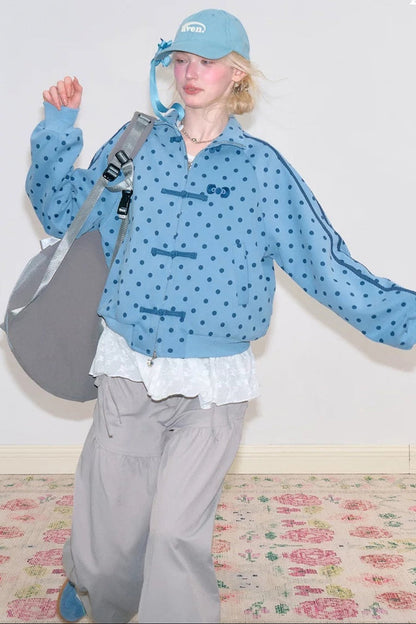 Blue Polka Dot Zipper Hoodie Jacket