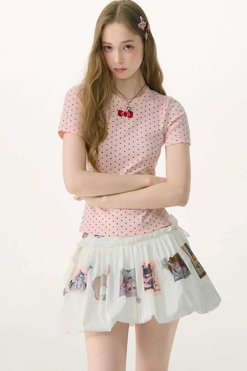 Pink Polka Dot Bow Blouse