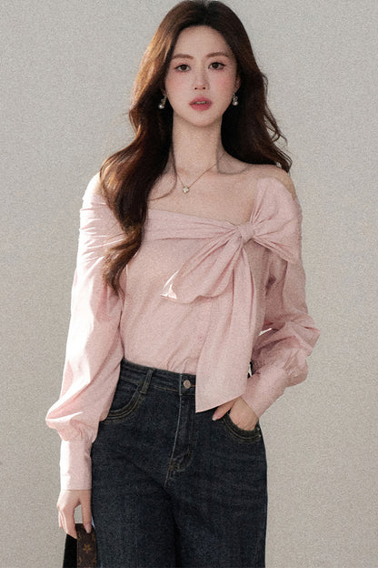One-Shoulder Bow Long Sleeve Blouse