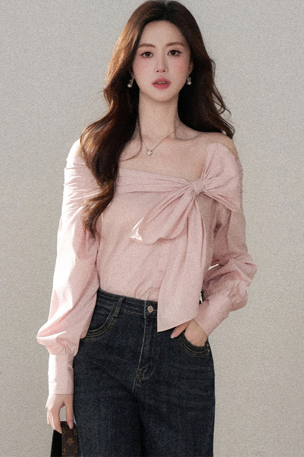 One-Shoulder Bow Long Sleeve Blouse