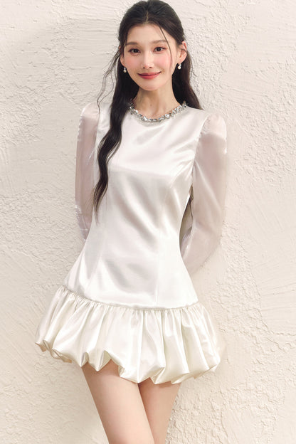 Pearl White Satin Long-Sleeved Flower Bud Dress