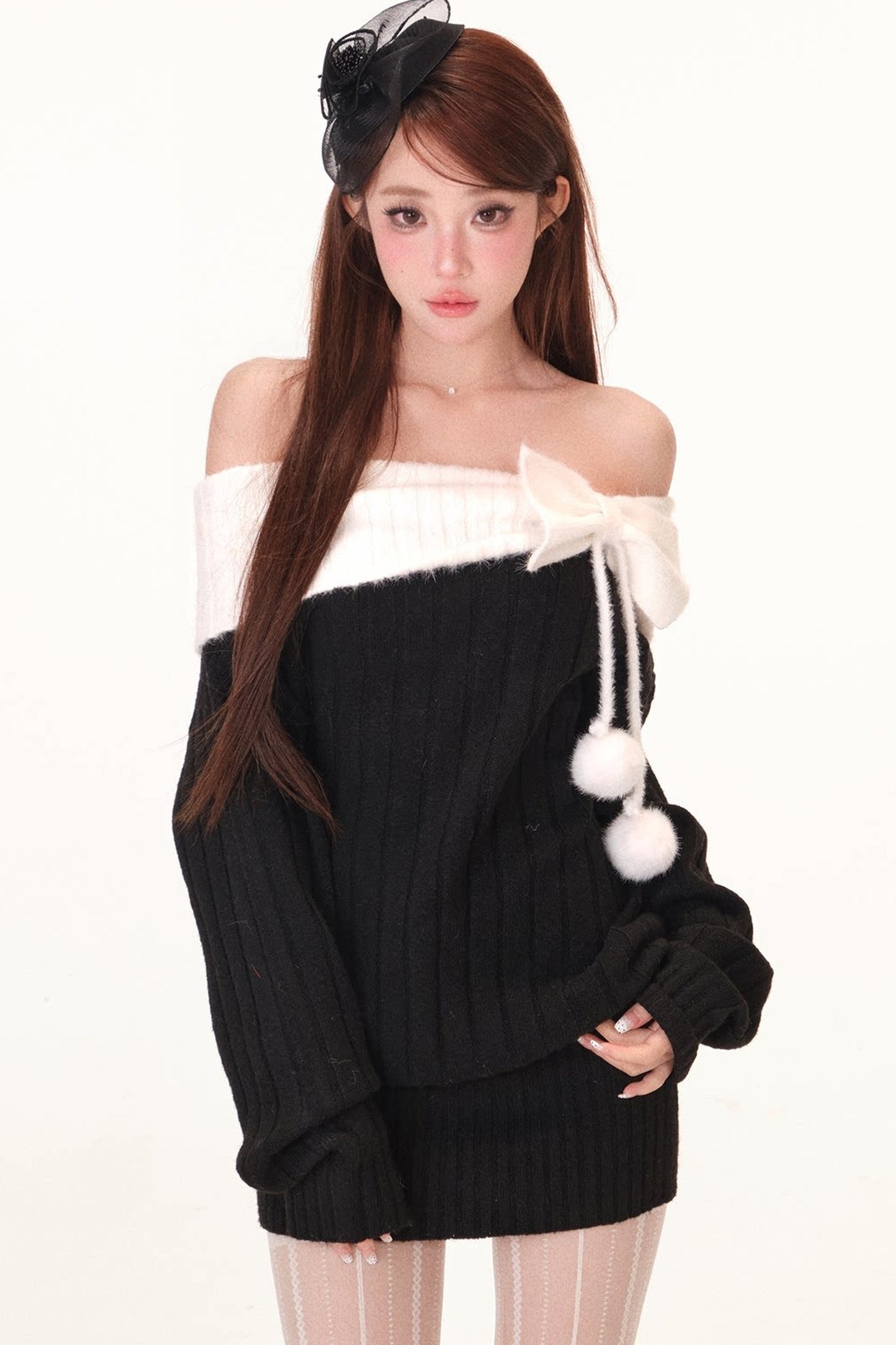 Off-Shoulder Bowknot Pom-Pom Knit Dress