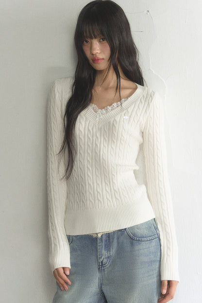 Lace Trim V-Neck Knit Top and Pants Set-Up