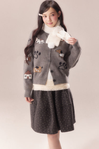 Paw Print Jacquard Knit Cardigan