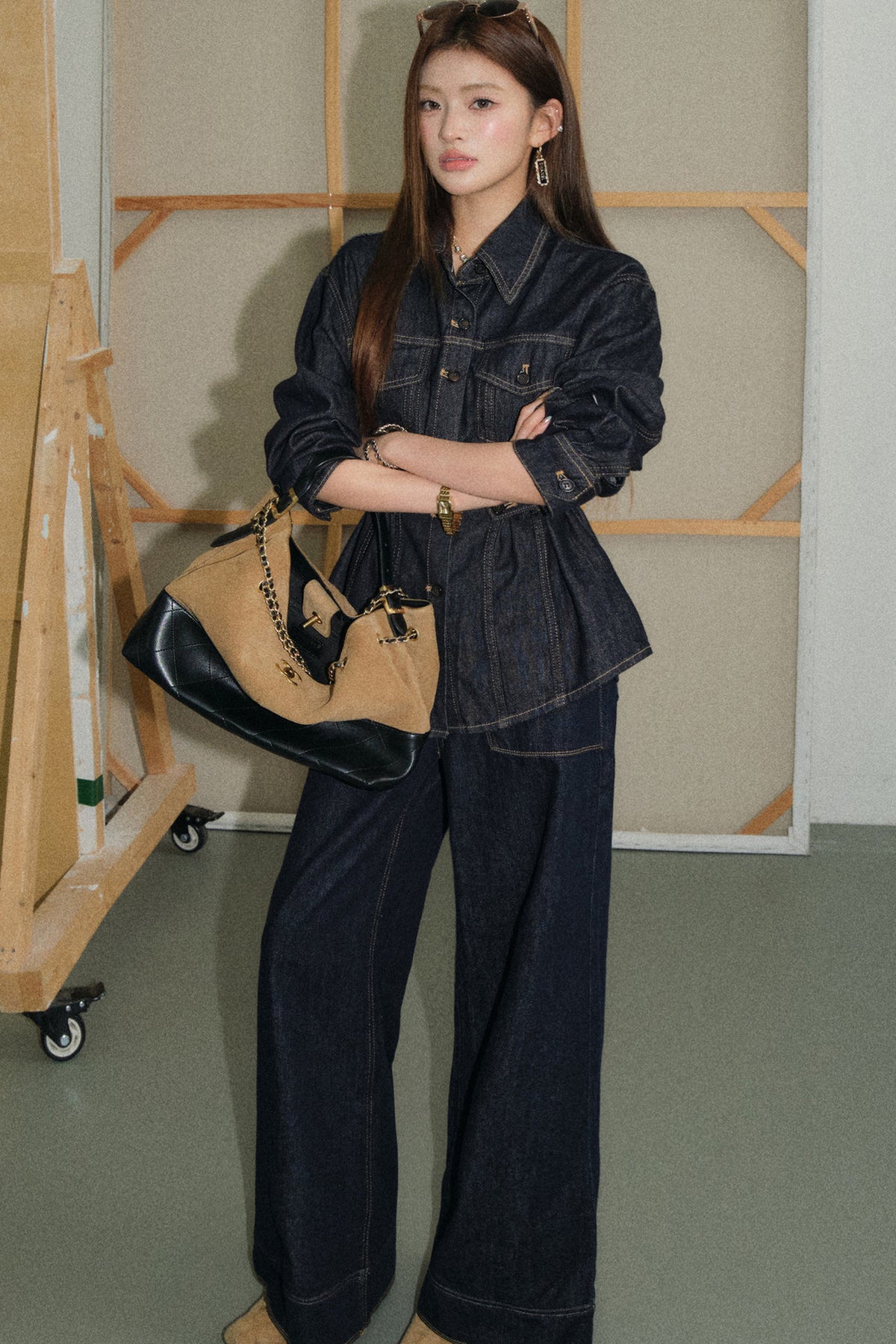 Denim Shirt and Wide-Leg Flared Pants Set-Up