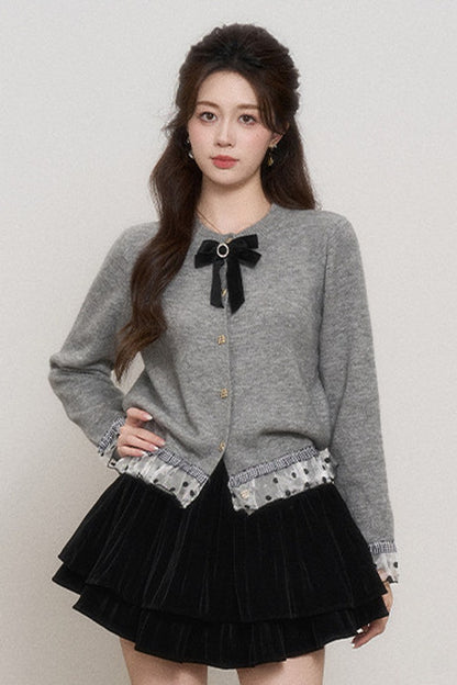 Gray Mesh Spliced Cardigan