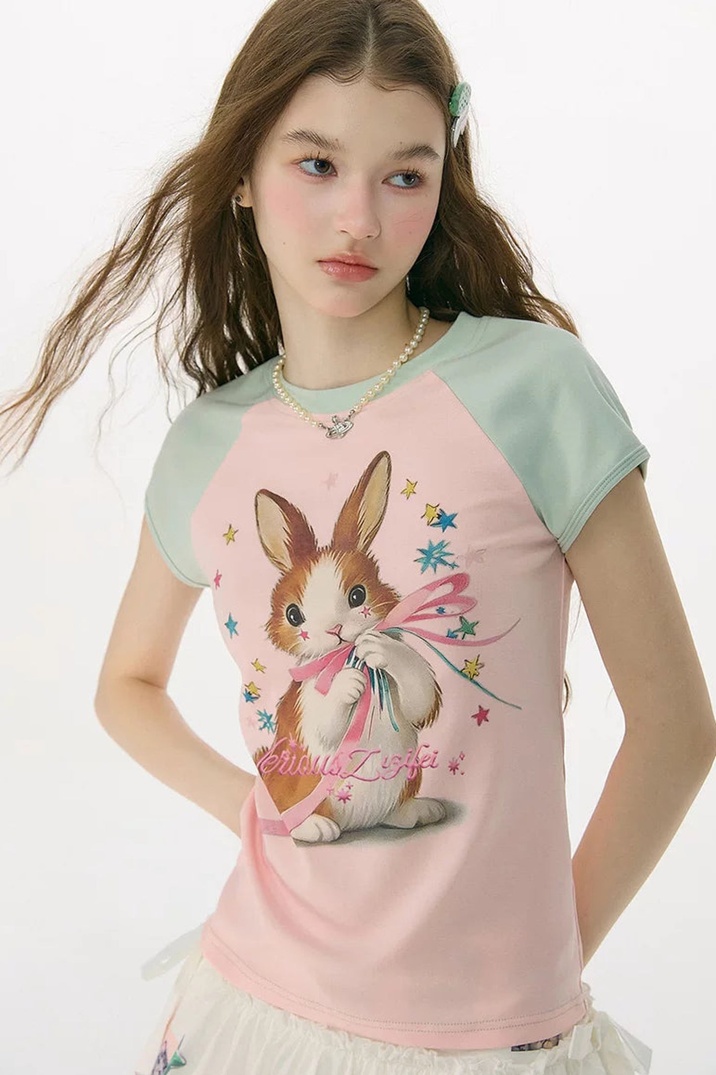 Retro Raglan Rabbit Print Top