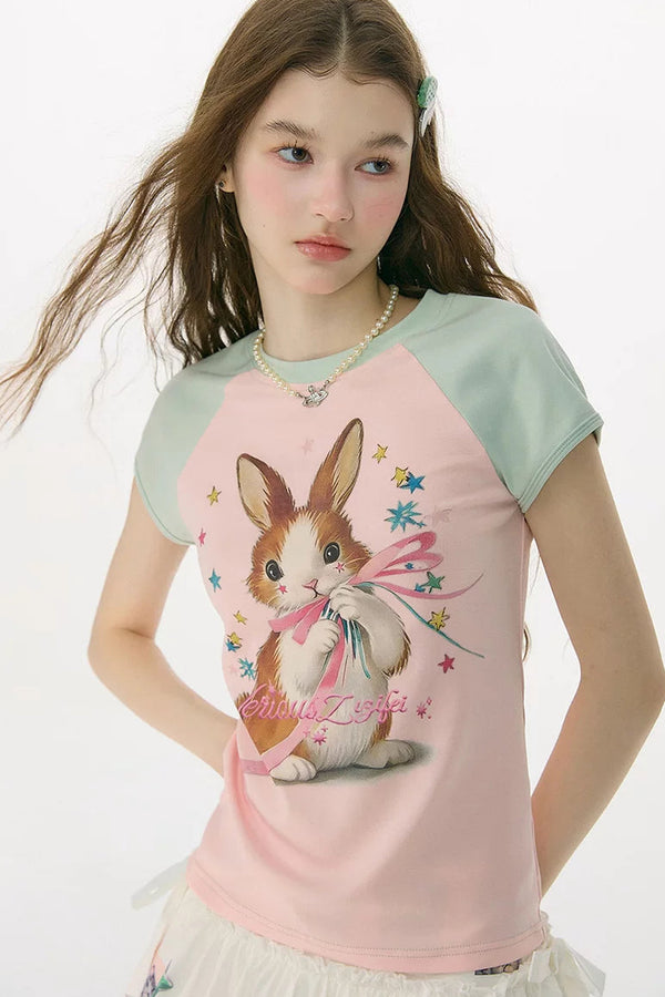 Retro Raglan Rabbit Print Top
