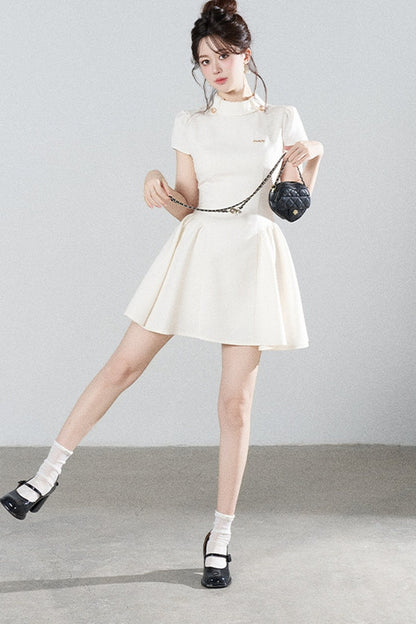 White Waist-Cinching A-Line Dress