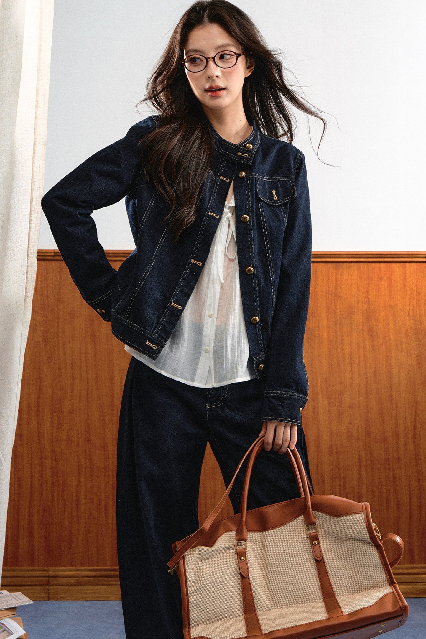 Round-Neck Gold Button Denim Jacket and Pants Set-Up