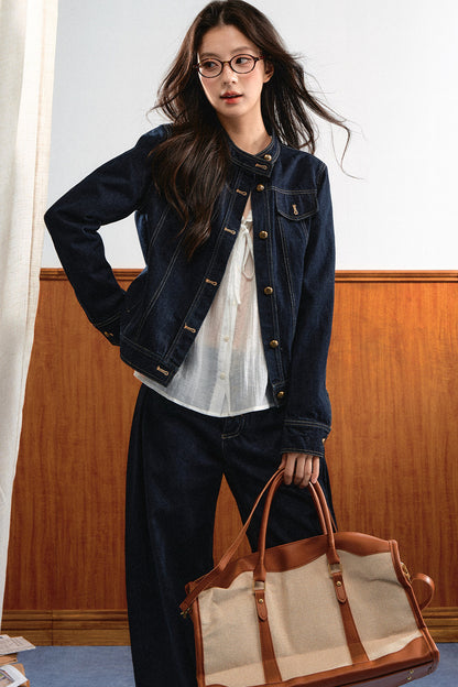 Round-Neck Gold Button Denim Jacket and Pants Set-Up